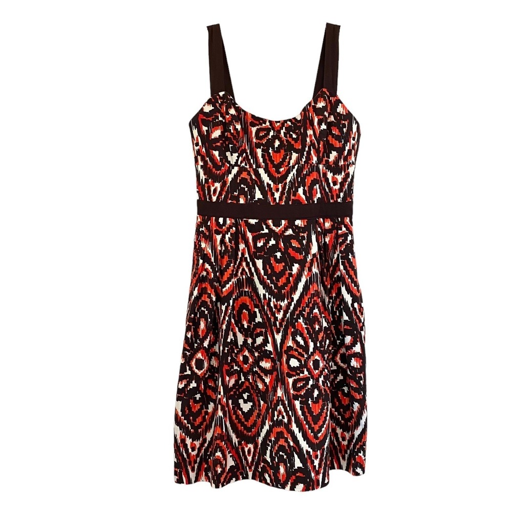 Milly New York Dress Original Ikat Printed Lined Red Black Sz‎ 10 USA Pockets